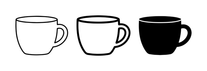 Fototapeta premium Three Coffee Mugs, Black and White Vector Icons, Simple Beverage Cups for Cafe or Kitchen