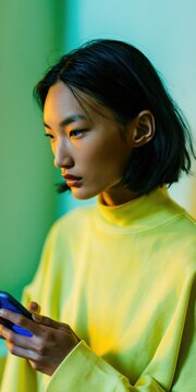 Side portrait of young woman in yellow turtleneck holding a phone with green studio lighting for editorial portrait and lifestyle use