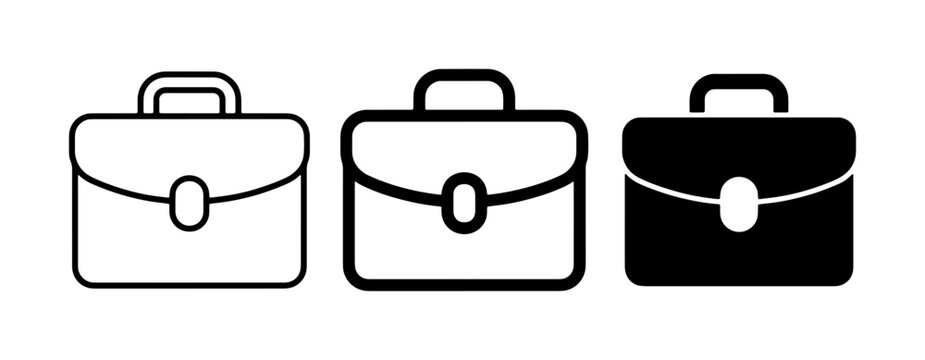 Briefcase Icons Set: Outline, Filled Outline, and Solid Black Vector Graphics for Business and Travel