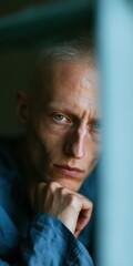 Fototapeta premium Intense older man portrait through window with green frame for editorial portrait background and character study design