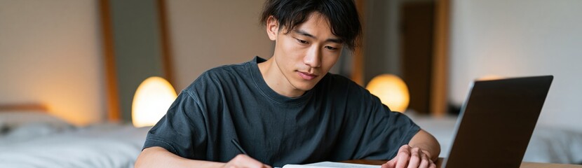 Naklejka premium Young man taking notes beside laptop on bed in modern hotel style bedroom for study wallpaper and remote work productivity design