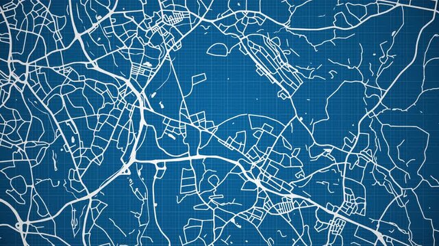 Ink reveal animation of Stoke-on-Trent city, Staffordshire, United Kingdom, grid map. Aerial top view. Blueprint style. White lines with blue background. 4K Seamless loop.