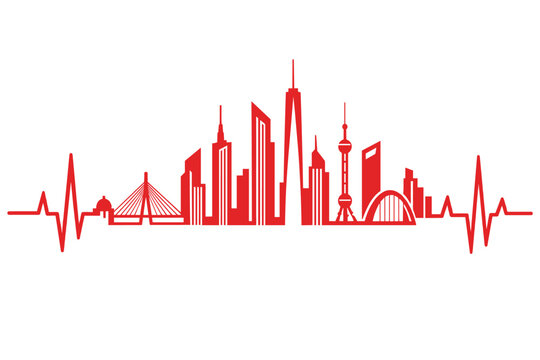 Flat vector EPS illustration of red ECG heartbeat line forming city skyline silhouette, concept of urban pulse and healthcare in the city