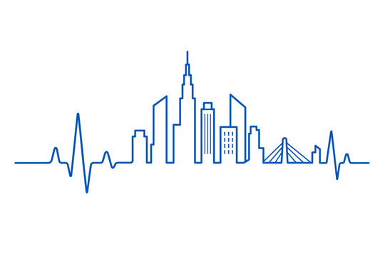 Modern minimalist vector EPS illustration of single line ECG heartbeat forming city skyline, concept of urban pulse and healthcare technology