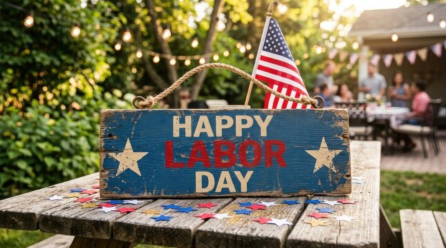 Usa labor day celebration rustic wooden sign with american flag and festive decorations