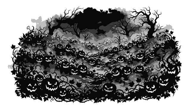 Many spooky carved jack o lanterns glow with sinister expressions in this dark black silhouette illustration