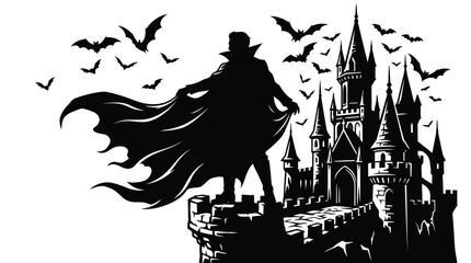 Fototapeta premium A mysterious vampire count wearing a flowing cape stands proudly upon a tall stone castle tower