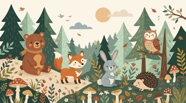 Woodland forest animals vector background illustration with cute cartoon bear, fox, rabbit, hedgehog, and owl