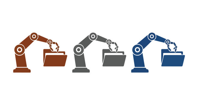 Three robotic arms in brown, gray, and blue lift boxes in an industrial setting.