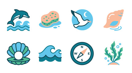 Fototapeta premium Set of Flat Marine Icons Featuring a Dolphin Seagull Seashell Pearl Wave and Compass