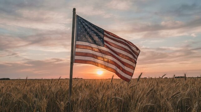 Usa labor day celebration american flag waving in golden wheat field at sunset