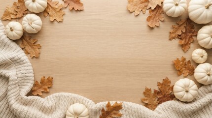 Obraz premium Autumn flat lay with white pumpkins oak leaves and cozy knit sweater