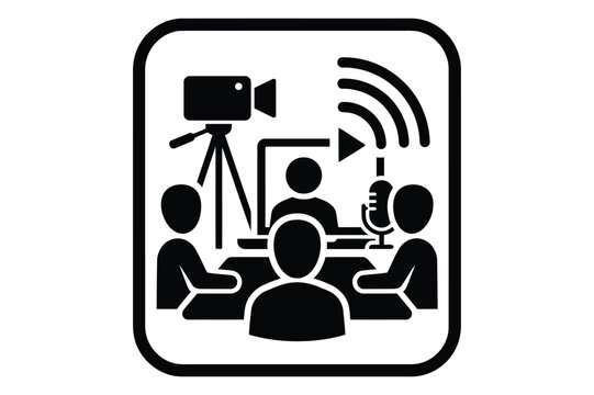 Professional podcast recording session with camera and group of people, recording