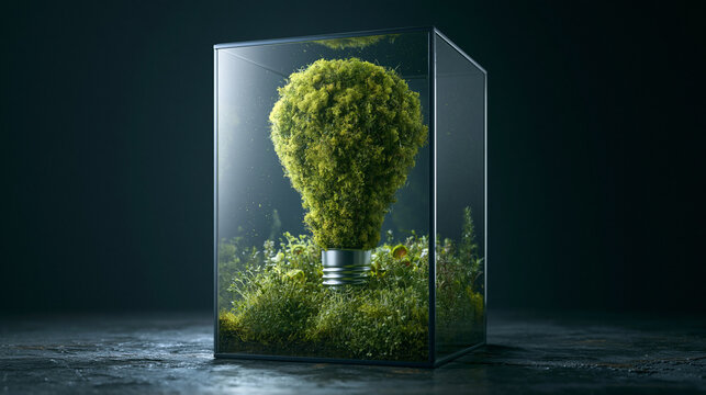 A lightbulb shape filled with thriving green moss sits inside a minimalist glass cube terrarium, representing ecology, innovation, and sustainable environmental concepts.