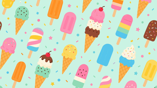 Colorful ice cream and popsicle pattern on mint background, icecream, popsicle, dessert, sweets, summer, candy, mint, pattern,