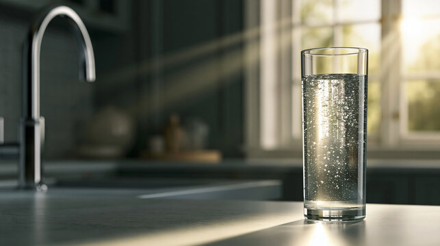 Cinematic view of a glass of fresh water on a white countertop, illuminated by warm morning sun rays through a window with a blurred kitchen background.