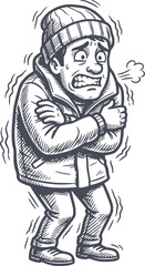 Fototapeta premium hand drawn illustration of a man shivering from extreme cold wearing a winter hat and jacket, black fill style without white fills, symbol of freezing weather