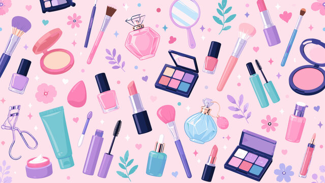 Colorful cosmetics and makeup tool pattern on pastel background, cosmetics, makeup, pattern, lipstick, brushes, palette, beauty,