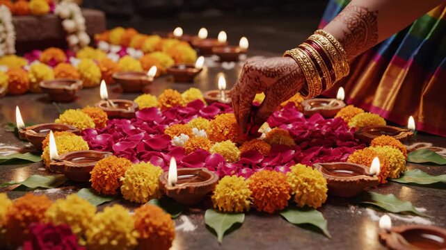Henna hands decorating flower rangoli with lit diyas.