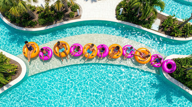 Aerial view of a group of people floating on colorful inflatable rings in a lazy river