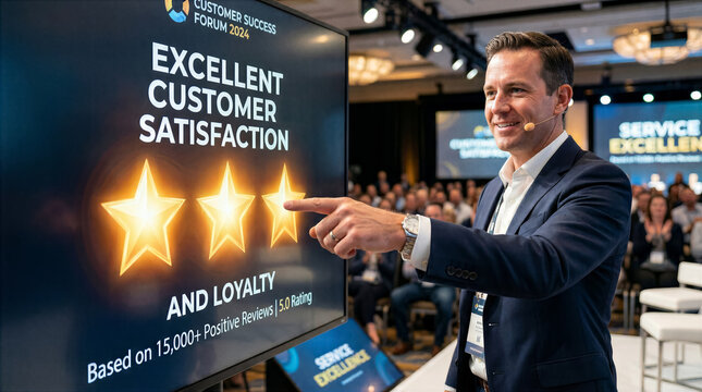 Businessman pointing to screen showing excellent customer satisfaction stars at corporate forum