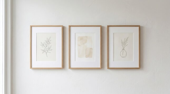 Blank frame mockup trio botanical abstract art display for interior design