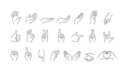 Fototapeta premium Collection of thin outline hand gesture icons with open palms and various symbols