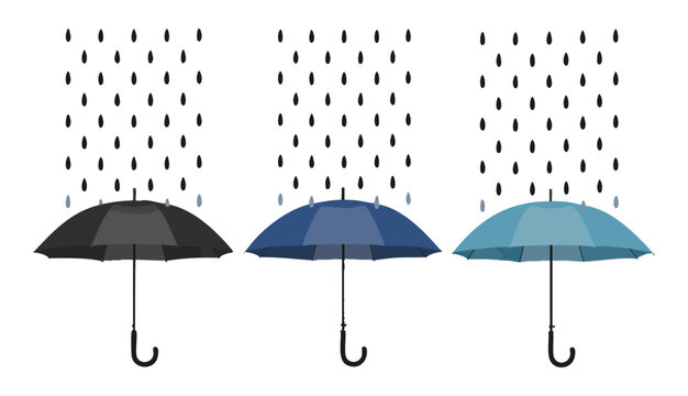 Three different colored open umbrellas with raindrops falling on them, isolated on transparent background.