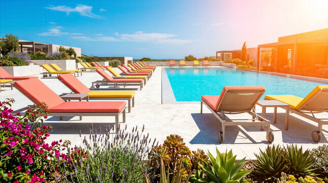 Colorful lounge chairs beside infinity pool overlooking sea at luxury resort