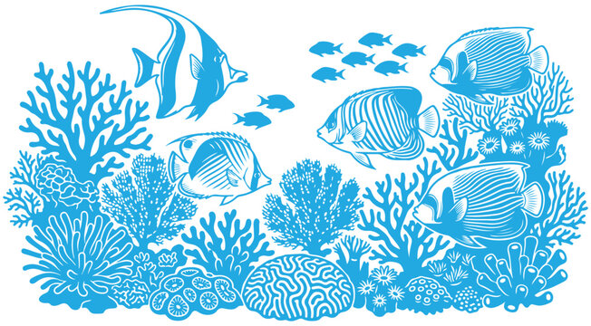 Underwater coral reef vector illustration with tropical fish and sea anemone stencil graphic