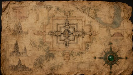 Fototapeta premium Ancient Khmer Angkor Temple Blueprint Layout Plan Map On Weathered Grungy Parchment Paper Illustration
