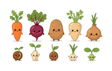 Fototapeta premium Cute root vegetable and sprout characters in simple brown and green shapes, root vegetables, sprouts, cute characters, plants,