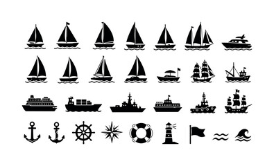 Obraz premium Collection of diverse nautical vessel and maritime icons on a white background