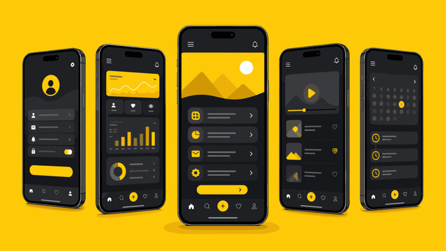 Smartphone app screen mockup set with dark mobile interfaces and yellow presentation background, smartphones, app, screens, mockup