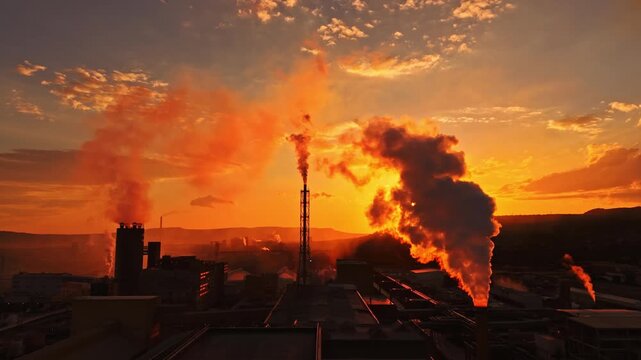 Smoke billows from chimneys while the sun sets behind an industrial landscape. The sky is filled with colors as evening approaches. Structures stand tall against the backdrop.