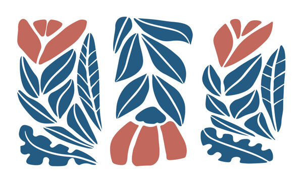 Abstract art of red flowers and blue leaves. transparent Background.