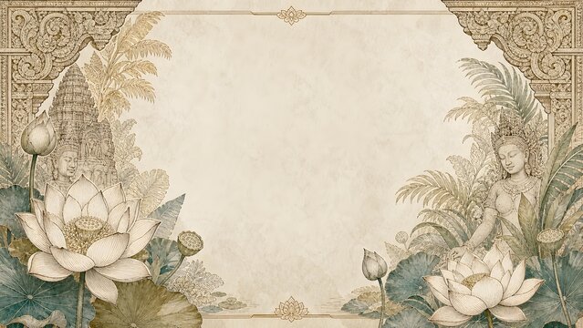 Luxury Editorial Khmer Apsara Dancer Sacred Lotus Flower Frame Border Illustration