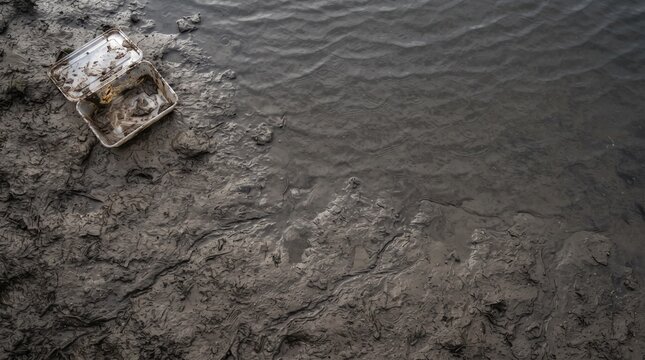 Plastic waste on a muddy shore: A single plastic container lies discarded on a muddy shoreline, with the dark water gently lapping at the edge, a stark reminder of pollution.