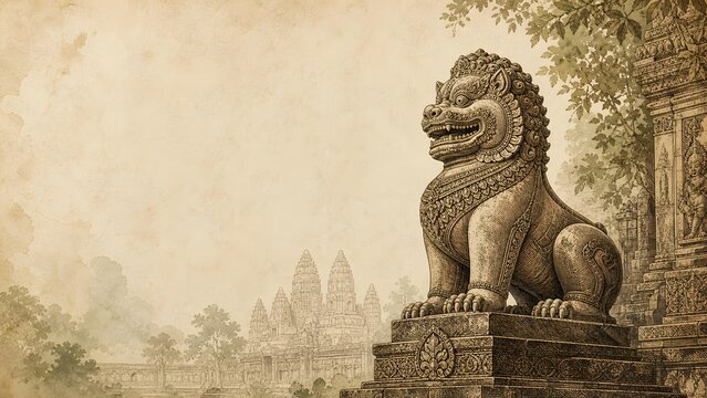 Weathered Khmer Guardian Lion Statue Sketch With Angkor Wat Temple Spire Illustration