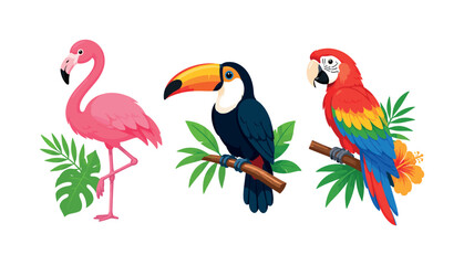 Obraz premium Tropical bird icons with flamingo, toucan, and parrot in bright exotic colors, tropical birds, flamingo, toucan, parrot, birds,
