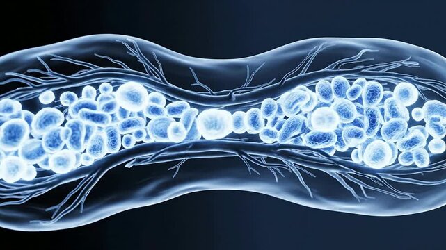 Close-Up Visualization of Interconnected Glowing Cells Representing Cellular Activity in a Dark Background for Biotechnology and Medical Research