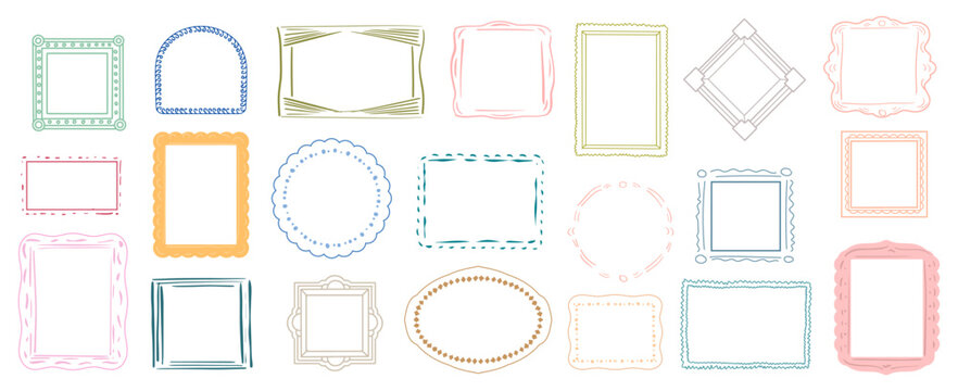 Set of hand drawn kid photo frame. Postage scallop edge collection. Vector postal stamp on different form. Template design for text or illustrations.