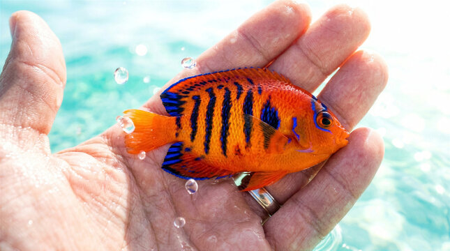 Close up of hand holding bright orange and blue striped fish above clear water with bubbles