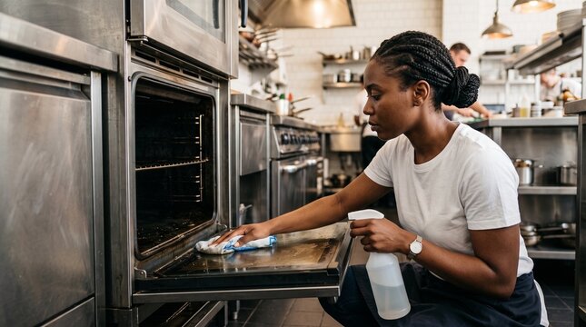 Woman cleaning a domestic oven using cloth and cleaning product in a modern kitchen, household hygiene routine, home care and sanitation concept.