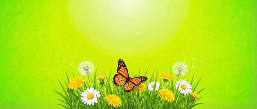 Butterfly flying over spring flowers in a green grassy field with butterfly