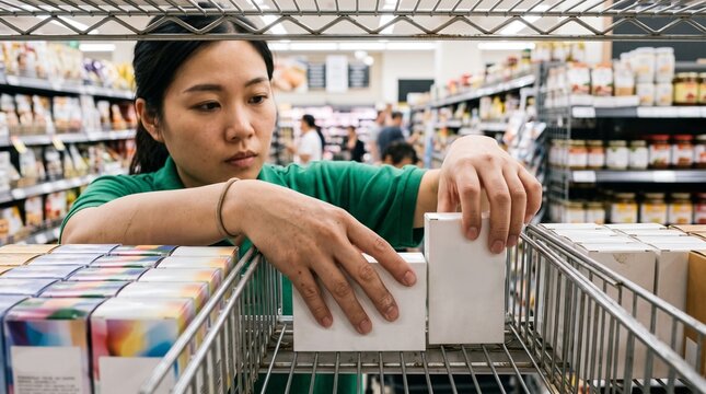Stock clerk restocking merchandise on shelves in small neighborhood market with retail organization, inventory management and customer service concept.