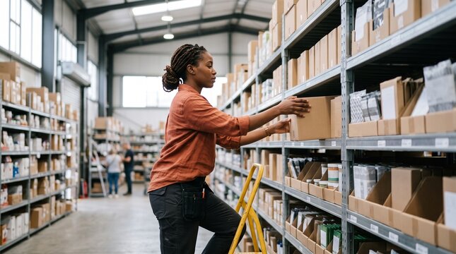 Stock clerk restocking merchandise on shelves in small neighborhood market with retail organization, inventory management and customer service concept.
