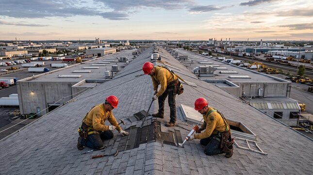 Roofer repairing residential roof using hand tools and safety helmet highlighting building maintenance and working at height safety practices