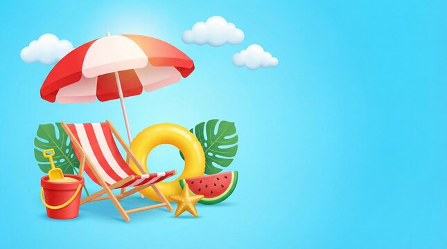 Summer beach vacation concept with umbrella and sun lounger vacation umbrella