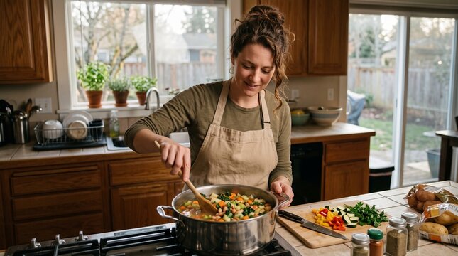 Woman cook preparing vegetable soup in residential kitchen with fresh ingredients, homemade meal, healthy nutrition and culinary lifestyle concept.